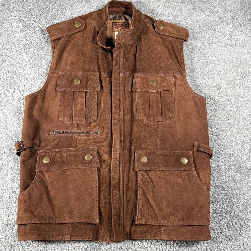 VTG 70s Suede Safari Vest Mens Large Utility Animal Print Lining Photograph